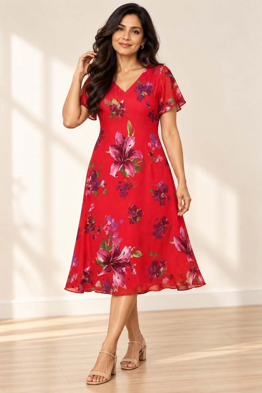 Donna Ricco Vintage Plus 18W Red Floral Midi Dress V-Neck Flutter Sleeve Party